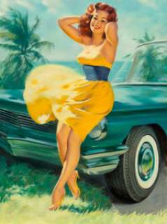 William Medcalf (American, 1920-2005)
 Pin-Up in Yellow Dress
 Oil on Masonite
 40 x 30 inches (101.6 x 76.2 cm)
 Signed... | Heritage