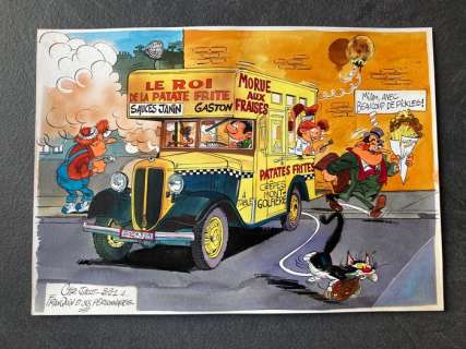 Jacot, Christian | Jacot, Christian - Dessin original couleur - Hommage Ã  Franquin | Catawiki