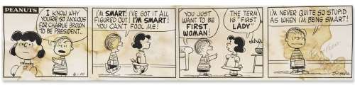 Charles Schulz Original Hand-Drawn ’’Peanuts’’ Comic Strip -- In This 1960 Strip, Lucy Has Notions of Being First Lady, With Charlie Brown as President | Nate Sanders