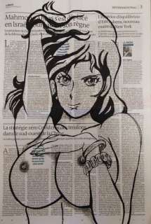 Andrea Boriani | Fujiko - Andrea Boriani - dipinta a mano su pagina del quotidiano " Le Monde" - Page volante | Catawiki