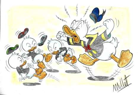 Millet | Donald, Huey, Dewey & Louie Duck - Donald freaking out - Signed Original Drawing by Millet | Catawiki