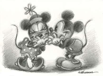 Joan Vizcarra | Vintage Mickey & Minnie - Secrets - Original Drawing - Joan Vizcarra - Original Artwork - Pencil Art | Catawiki