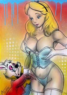 Alvin Silvrants | Sexy Alice in Wonderland with White Rabbit - Original painting in colour by Alvin Silvrants | Catawiki