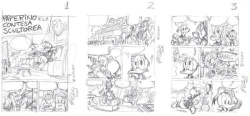 Sergio Cabella, Riccardo Pesce | Paperino 486 - "e la contesa scultorea" - first 3 pencil sketch pages of Uncle Scrooge story by Sergio Cabella - (2020) | Catawiki