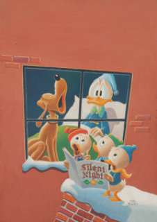 Carl Barks Christmas Carolers Painting Original Art (1972). While Huey, Dewey, and Louie harmonize outside - | Heritage