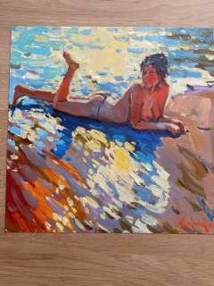 Olena Markovych | Olena Markovych Descanso en la playa - Original drawing - Signed - Size: 25 x25cm - (2022) | Catawiki