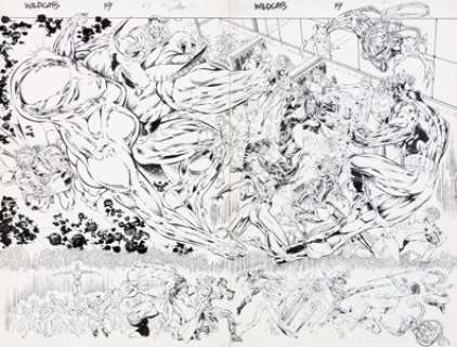 Jim Lee and Richard Bennett Wildcats: Covert Action Teams #19 Double Splash Page 4 and 5 Original Art -