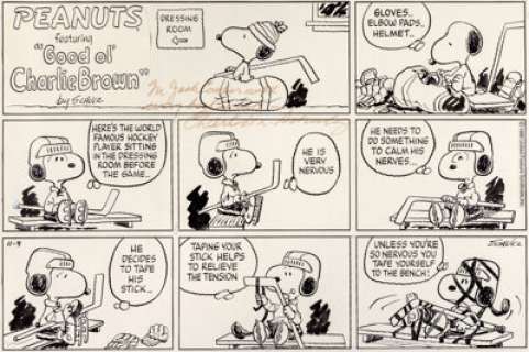 Schulz, Charles | Charles Schulz Peanuts Sunday Comic Strip "World Famous" Hockey Snoopy Original Art dated 11-9-1986 (United Featur... | Heritage