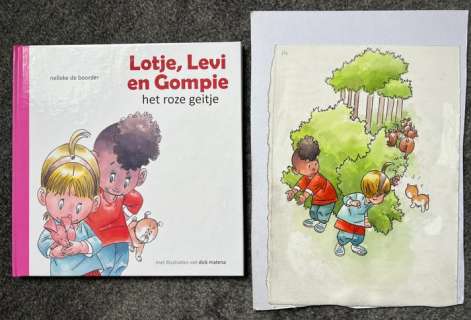Matena, Dick | Matena, Dick - Originele pagina in kleur + gesigneerd boek - Lotje, Levi en Gompie 1 - Het roze geitje - (2022) | Catawiki