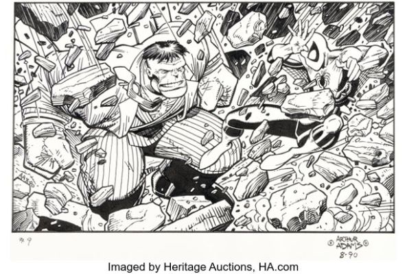 Arthur Adams Marvel Universe Series I #114 "Famous Battles: The Hulk vs. Spider-Man" Trading Card Illustration Original Art (Marvel/Impel, 1990). | Heritage