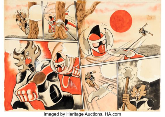 Yuji Hosoi Boken Oh, Battle Hawk Double Splash Pages Original Art (Akita Shoten, 1976). | Heritage