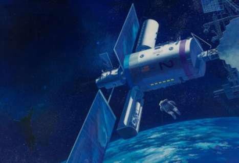 Paul Lehr (American, 1930-1998). Space Station, Reader‘s Digest interior story illustration, August 1984. Acrylic on Mas...