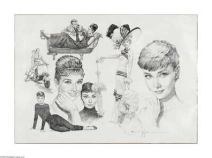 Jose Gonzalez - Audrey Hepburn Portrait Montage Original Art (2005). Masterfully rendered with a sensitive line - | Heritage