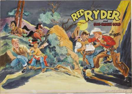 Red Ryder and Gun-Smoke Gold Book Cover Original Art (Whitman, 1954). Fantastic, action-packed, wrap-around -