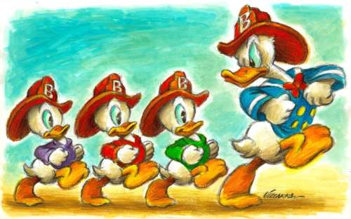 Joan Vizcarra - Donald Duck and the Nephews - The Fire Brigade - Original Painting - 48 x 30 cm | Catawiki