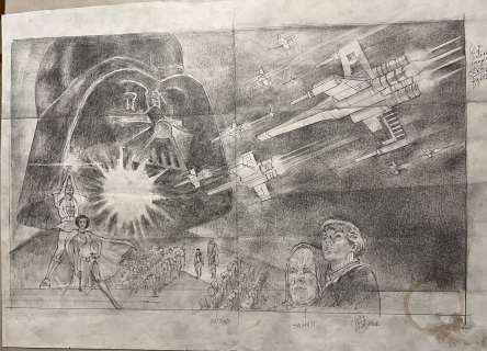 Tom Jung - Historic Very First, Very Large 1977 Star Wars Movie Poster Artwork! (Bonus Drawings on Back: Darth Vader, Luke Skywalker, Princess Leia, Jedi Starfighter!)