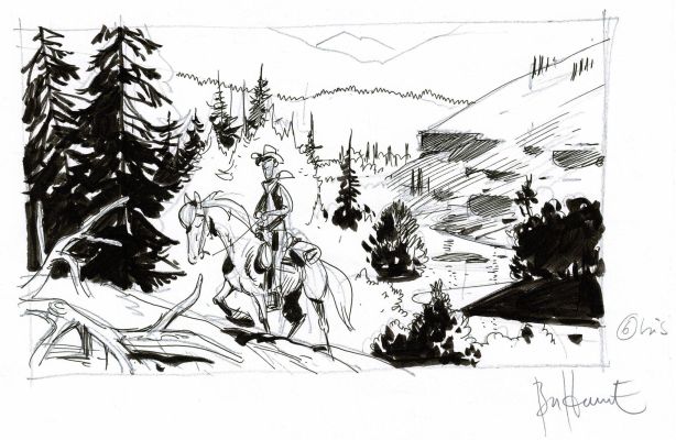 Matthieu Bonhomme | Lucky Luke, projet de couverture original à l’encre de chine et à la mine de plomb. | Septimus