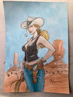 Malfin, Nicolas - 1 Original colour drawing - Golden City - Cow Girl - 2024 | Catawiki