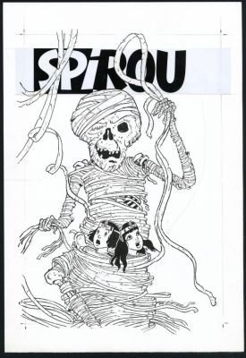 Lucien De Gieter - Couverture originale de Spirou n°3013 du 10 janvier 1996. Le titre Spirou est une impression apposée sur l‘original et rehaussée par l‘artiste - Papyrus