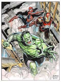 Ben Dewey - 1 Original colour drawing - The Avengers - ft Spider-man, Hulk & Iron Man | Catawiki