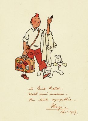 Hergé - Lot 399 - Tintin et Milou en voyage, dessin original à l’encre de chine et à l’aquarelle, signé, dédicacé et daté de janvier 1957.
