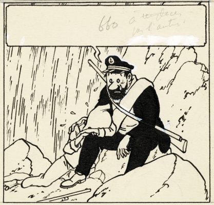 Hergé | Lot 345 - Tintin, Le Temple du Soleil, case originale à l’encre de chine publiée dans le journal Tintin le 18 décembre 1947. Case mythique où Zorrino pleure la disparition de Tintin dans la cascade. | Septimus