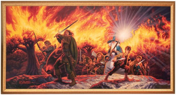 Lot 10 - THE BROTHERS HILDEBRANDT LORD OF THE RINGS "JOURNEY IN THE DARK" BOOK COVER ORIGINAL ART PAINTING. | Hake’s