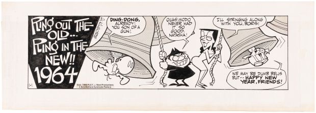Lot 48 - AL KILGORE BULLWINKLE NEW YEAR’S DAY 1964 DAILY STRIP ORIGINAL ART. | Hake’s