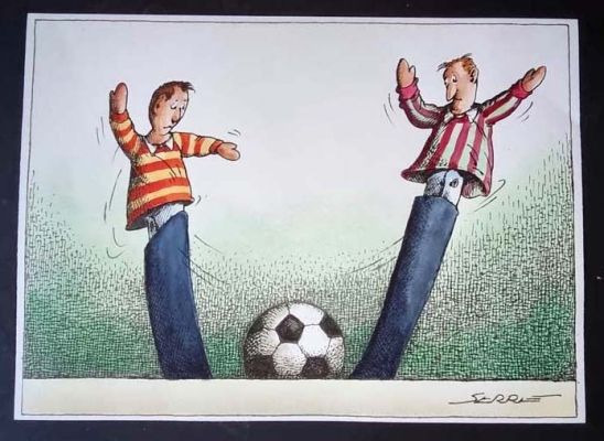 Serre, Claude - 1 Original colour drawing - Humour Noir - Footballeur Marionnettes - 1991 | Catawiki