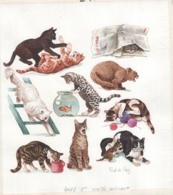 De Heij, Fred - 1 Original colour drawing - Katten - Poes - Kat | Catawiki