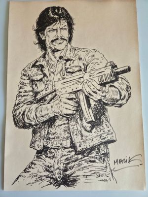 Malik (Tai, William) - Original drawing - Archie Cash - met Uzi machine geweer | Catawiki