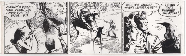 Dan Barry E Bob Fujitani | Striscia originale Flash Gordon (King Features Syndicate, 06/10/1983). Cm. 36 x 11. Firmata Barry & Fujitani. | Art e Fumetto