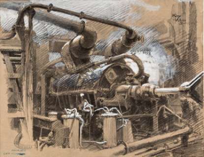 Heinrich Kley Schiffsturbine in der Montage [Ship Turbine Being Assembled] Illustration Original Art (1911).... | Heritage