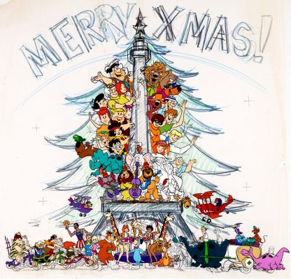 . Hanna-Barbera Studios - Huge Hanna Barbera Christmas Poster Cel with Over 52 Characters!