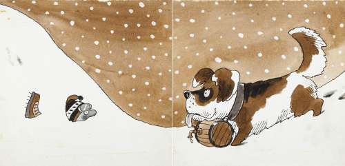 Jerzy Flisak (1930 - 2008) | Jerzy Flisak | "Bardzo zajęte psy", projekt ilustracji do książki Ryszarda Marka Grońskiego, str. 6-7, 1986 | Desa Unicum