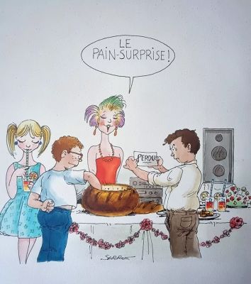 Claude Serre | « PAIN SURPRISE » Planche Originale signée Claude Serre publiée en 1994 (taille totale 25 x 32 cm) dans  » petit livre gourmant à l’usage des enfants » éditions Glénat | Serre