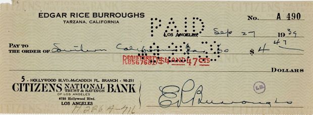 Edgar Rice Burroughs | Edgar Rice Burroughs Signed Check September 27, 1939! | Romitaman