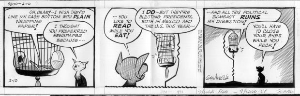 Gus Arriola | Arriola, Gus - Gordo Daily 2/10 1964, Dog & Caged Bird Reading About Us & Mexico Presidential Elections | Cool Lines Art