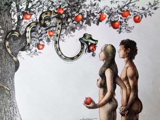 Claude Serre | « ADAM ET EVE SIDA » Planche Originale signée Claude Serre 1991 (taille totale 33 x 26 cm) éditée dans album Médecine aux éditions Glénat | Serre