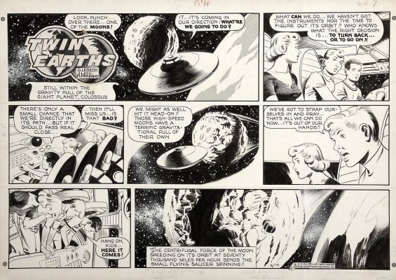 Al McWilliams | McWilliams, Al - Twin Earths Sunday 2/19 1956, Punch & Torro & Gal in Outer Space Flying Saucer, Head To Moon | Cool Lines Art