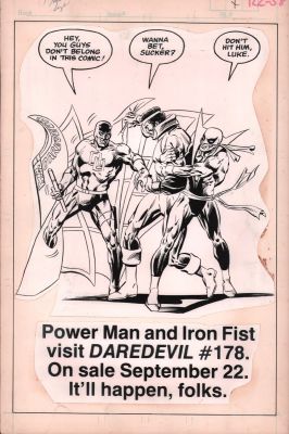 Vintage Stats And Production Art | Daredevil #178 Ad Page Stat - Power Man & Iron Fist Visit Daredevil | Anthony’s Comic Book Art