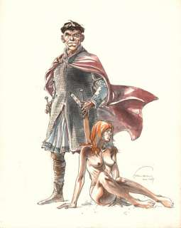 Hermann  - Originele tekening in kleur - Les Tours de Bois-Maury - Ridder Aymar met naakte vrouw - Page volante - (1997) | Catawiki