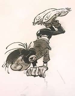 Gaston Lagaffe - Dessin original en encre de Chine, au lavis et Ã  la mine de plomb - Exercice sur un grand perforateur  - (1976) | Catawiki