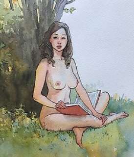  - Luigi Critone - Grande Aquarelle originale - Femme au livre 