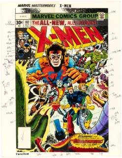 UNCANNY X-MEN #107 ORIGINAL COVER AND 2 PAGE SPLASH COLOR GUIDES ALSO REUSED FOR MARVEL MASTERWORKS (ANDY YANCHUS COLORIST). | Hake’s