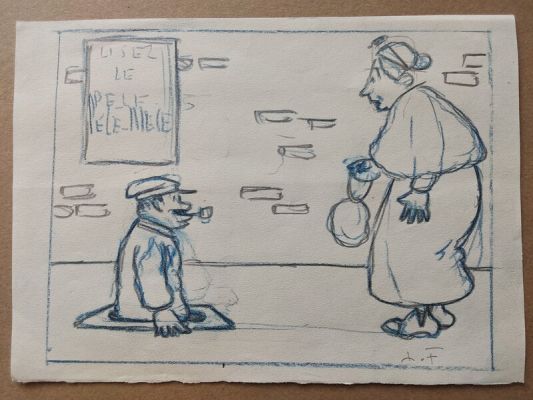 Louis Forton | Louis Forton La Vieille et le Cul de Jatte ,Joli Dessin Original Signé Préparatoire au Crayon Bleu Étude Pele Mele 2 Année 20 | 2DGalleries