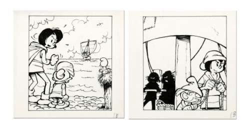 Peyo (Studios) | Johan et Pirlouit, ensemble de deux illustrations … | Banque Dessinée