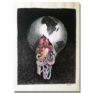 Claude Serre | « Planète organique » – dessin original encre aquarelle de Claude Serre signé en vente, Publié dans « Satyrix » année 70s | Serre