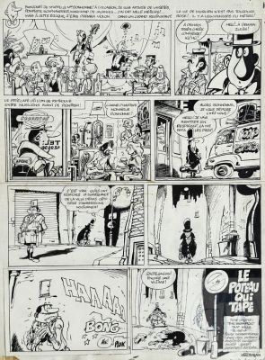 Wasterlain / M Bonhomme. Planche Originale N°1 de L’histoire "Le Poteau Qui Tape" Qui Illustre L’introduction Du Personnage Et Sa Rencontre Avec Le Fameux Poteau…Publié Dans Le Journal Tintin N°11 de 1973. Gag Amusant Et Belle Ambiance. Rare. Encre de Chine Signée. Tbe. 33 X 44 Cm |  | Dagoty