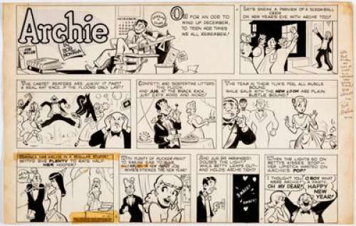 Montana, Bob | Bob Montana Archie Sunday Comic Strip "New Year" Episode Inscribed Original Art dated 12-28-47 (Archie Comic Publi... | Heritage
